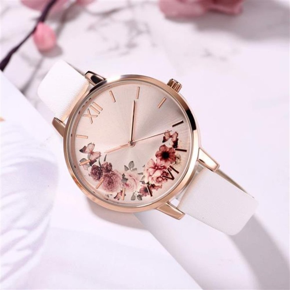 Women's Luxury Quartz Floral White Waterproof Watch